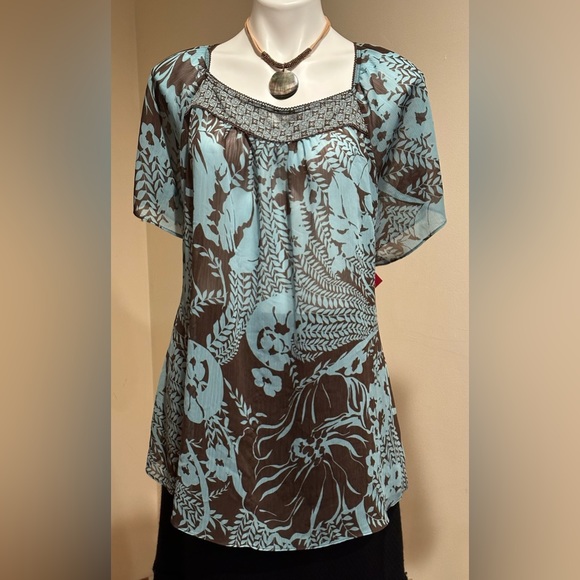 Lane Bryant Blue & Brown Sheer Floral Leave Print Square Neckline SZ  22…No Belt - Picture 2 of 13